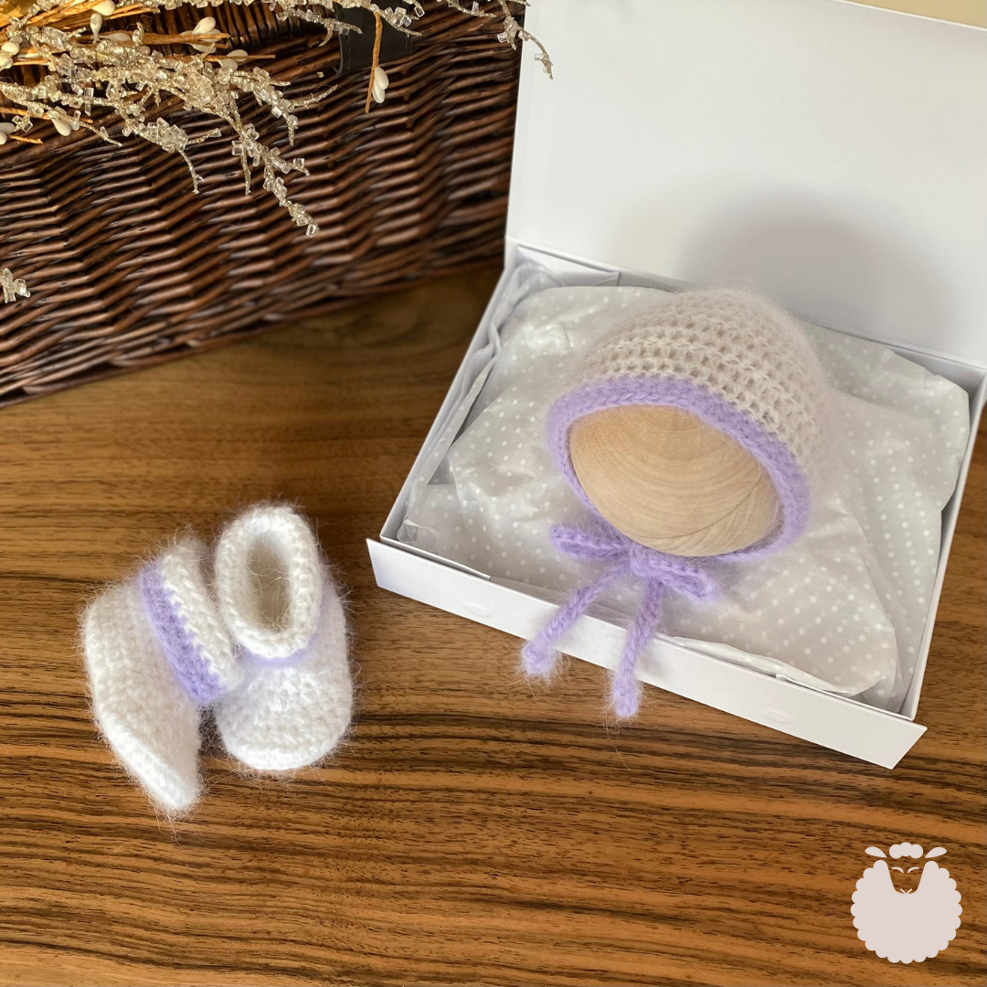 Purple Angora Bonnet & Bootie Set